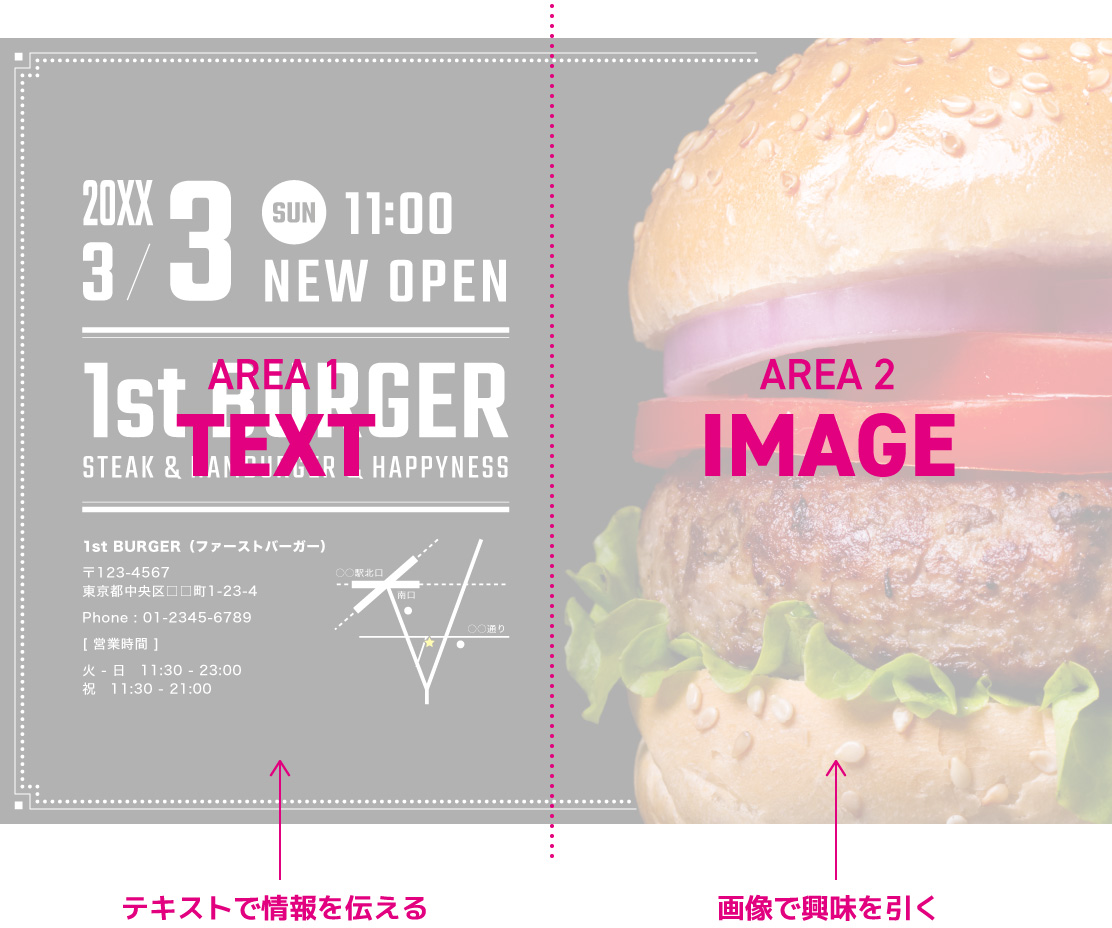 紙面の分割の詳細｜ハンバーガー店のチラシ