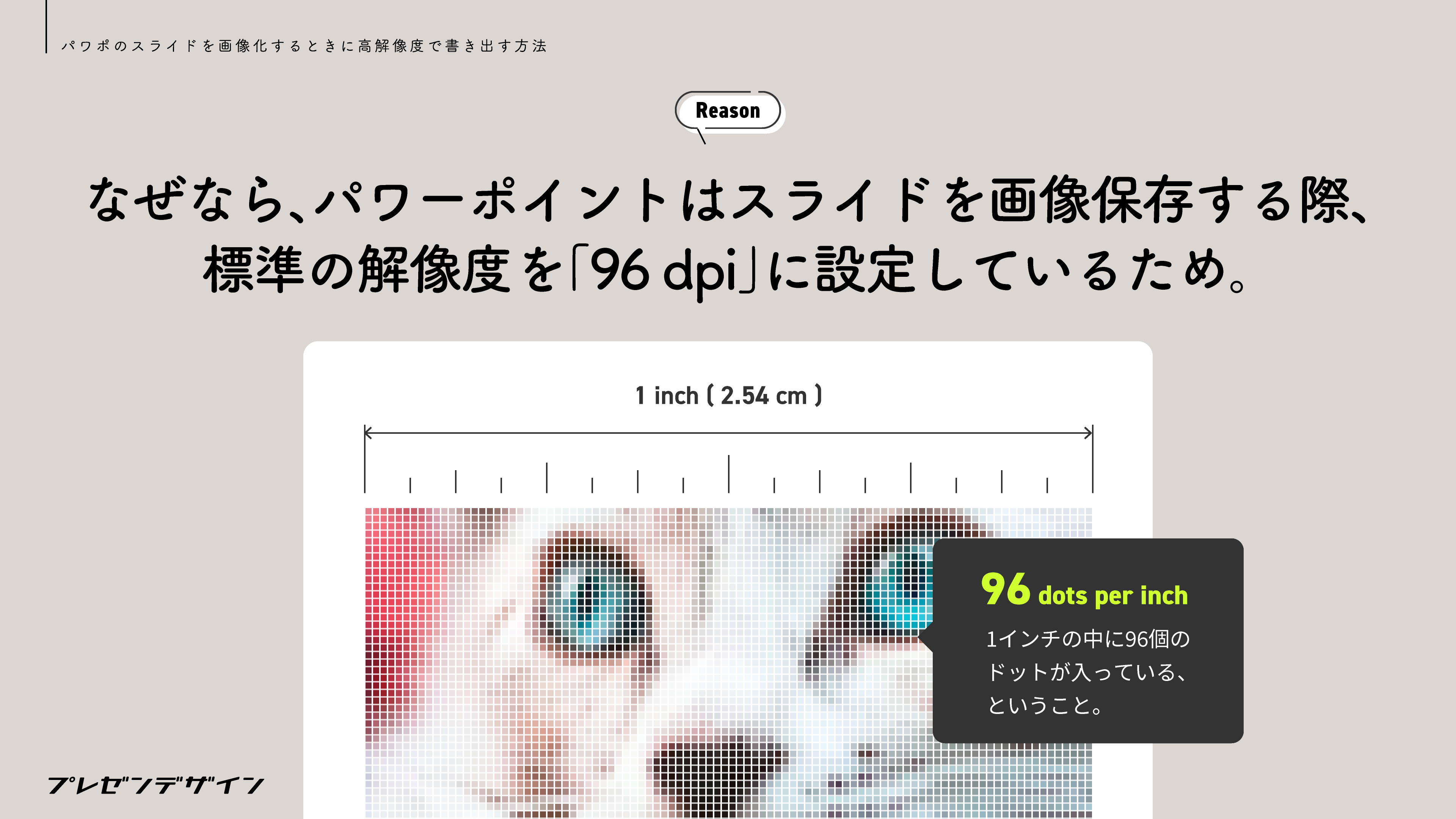 なぜなら、パワーポイントはスライドを画像保存する際、規定の解像度を「96 dpi」に設定しているため。