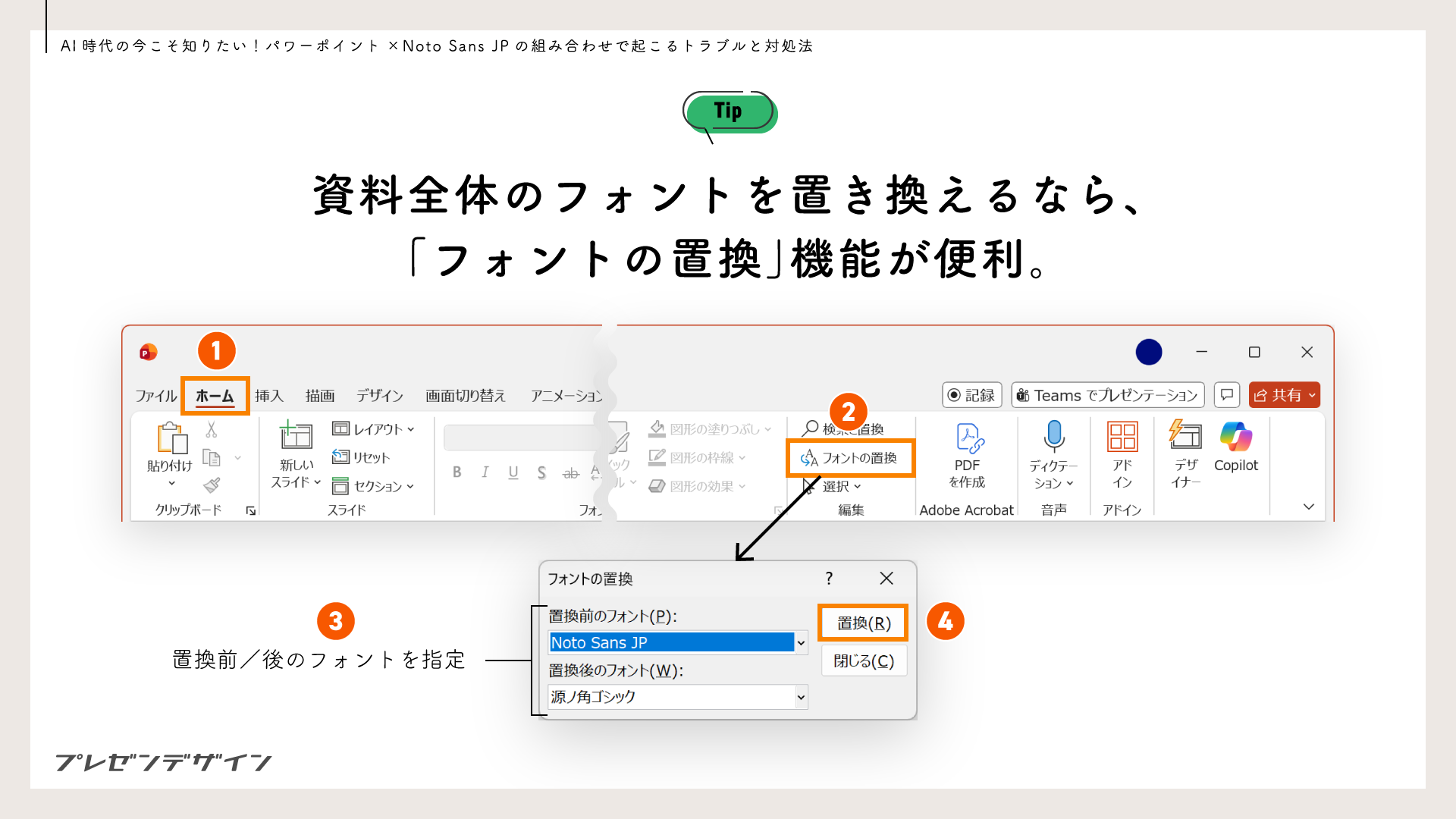 資料全体のフォントを置き換えるなら、「フォントの置換」機能が便利