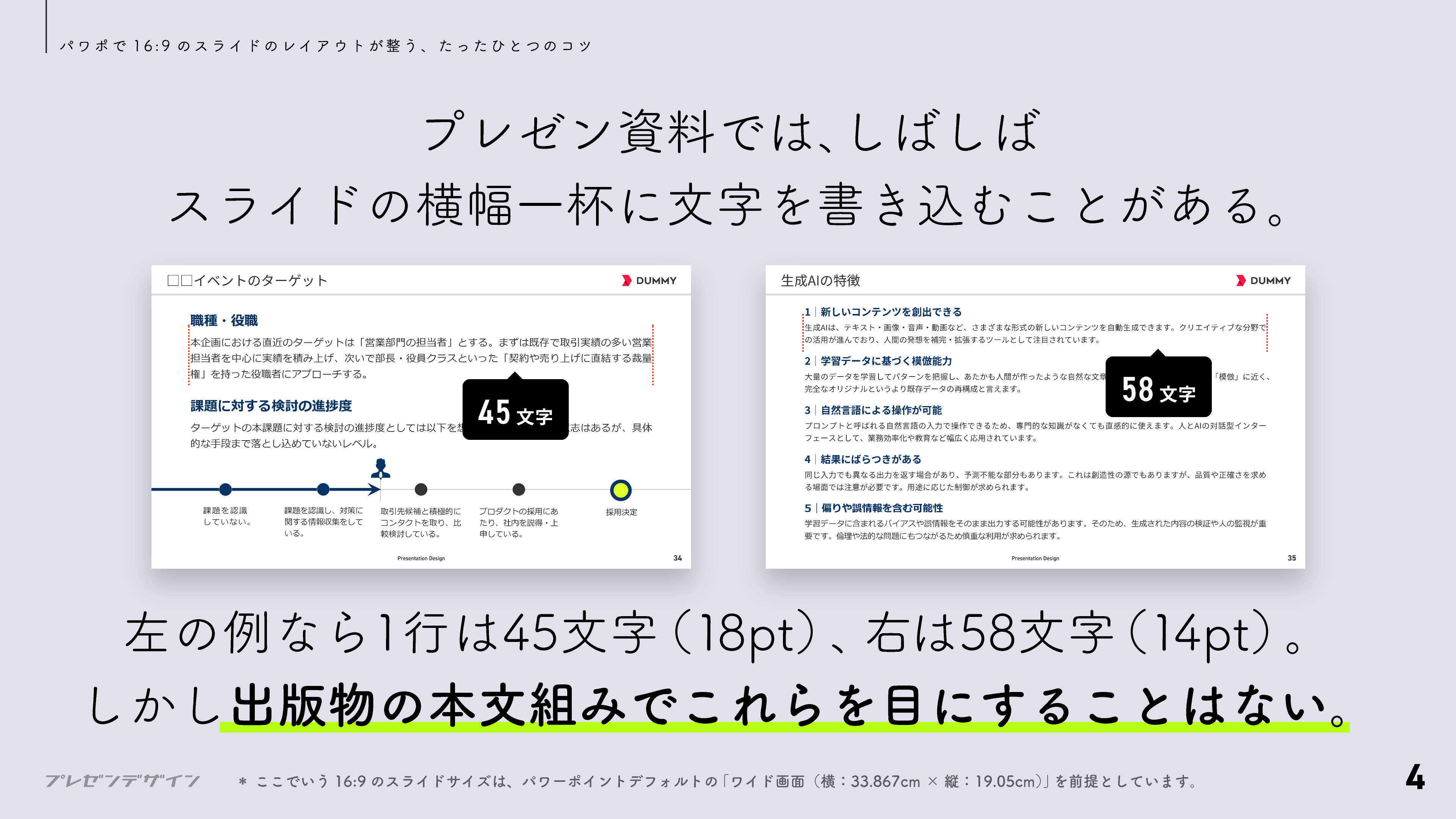 16:9のスライドで横幅一杯に文字を書き込むと、行長が長くなり過ぎる
